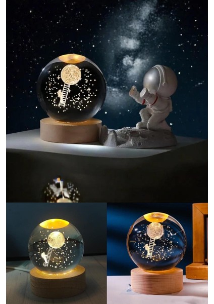 3D Ay Merdiveni Temalı Kristal Küre Gün Işığı LED Gece Lambası – Usb'li Ahşap Standlı LED Lamba indirimleri