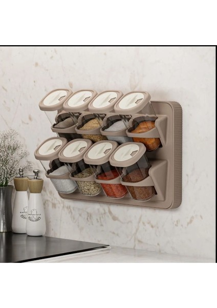 8’li Asmalı Kendinden Yapışkanlı Tezgah Üstü Stantlı Döner Kapaklı Baharatlık Seti