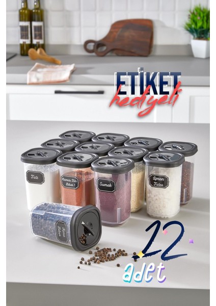 12’li Etiketli Hava Almaz Döner Kapaklı Baharatlık Seti Baharat Saklama Kabı 350ML