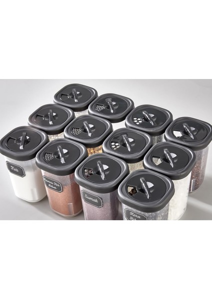 12’li Etiketli Hava Almaz Döner Kapaklı Baharatlık Seti Baharat Saklama Kabı 350ML modelleri