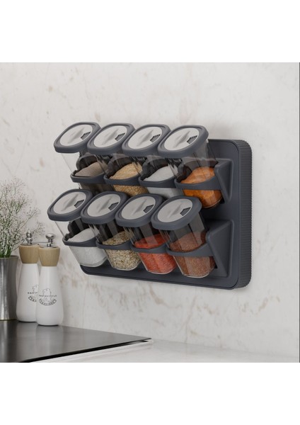 8’li Asmalı Kendinden Yapışkanlı Tezgah Üstü Stantlı Döner Kapaklı Baharatlık Seti