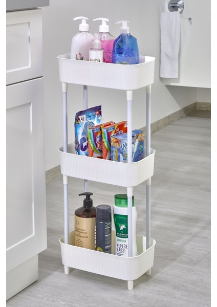 180 x 66 x 30 3 Katlı Banyo Rafı Banyo Düzenleyici 300 x 180 Kapaksız Plastik Çekmecesiz Beyaz Açık