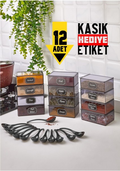 12'li Kaşıklı Akrilik Kapaklı Baharatlık Seti Saklama Kabı