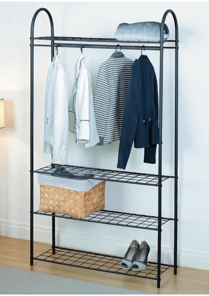 Dekoratif Siyah Metal Elbise Askılığı 4 Raflı Çok Amaçlı Ayaklı Portmanto ve Konfeksiyon Askılığı fiyatları