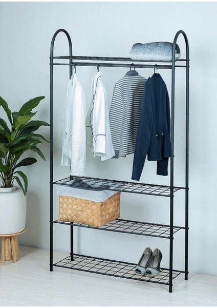 Dekoratif Siyah Metal Elbise Askılığı 4 Raflı Çok Amaçlı Ayaklı Portmanto ve Konfeksiyon Askılığı
