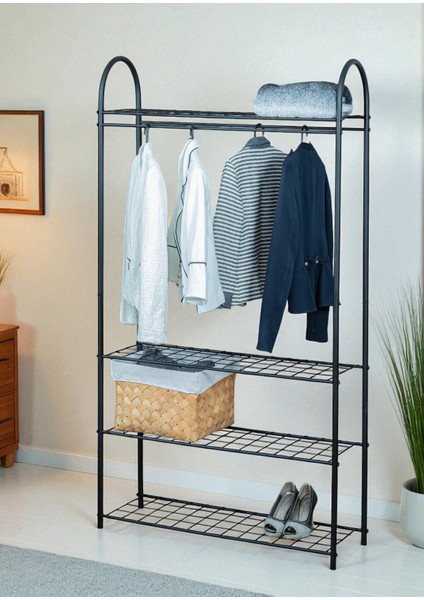Dekoratif Siyah Metal Elbise Askılığı 4 Raflı Çok Amaçlı Ayaklı Portmanto ve Konfeksiyon Askılığı
