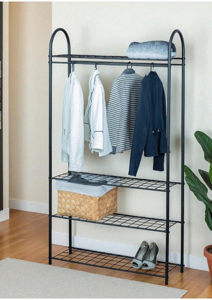 Dekoratif Siyah Metal Elbise Askılığı 4 Raflı Çok Amaçlı Ayaklı Portmanto ve Konfeksiyon Askılığı