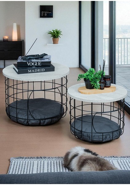 Dekoratif Beyaz Çok Amaçlı Kedi Yuvalı Yastıklı Metal Sepetli 2’li Orta Zigon Sehpa