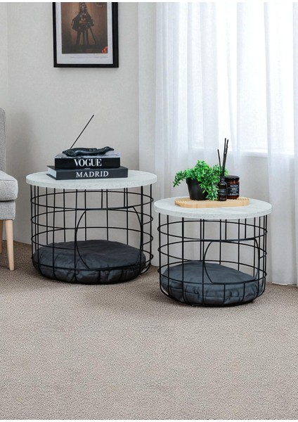 Dekoratif Beyaz Çok Amaçlı Kedi Yuvalı Yastıklı Metal Sepetli 2’li Orta Zigon Sehpa fiyatları