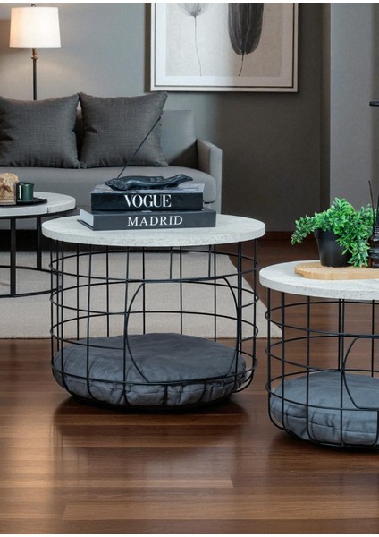 Dekoratif Beyaz Çok Amaçlı Kedi Yuvalı Yastıklı Metal Sepetli 2’li Orta Zigon Sehpa modelleri