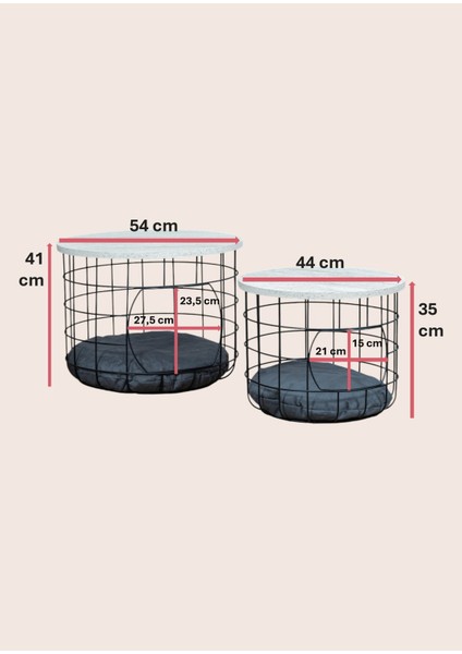 Dekoratif Beyaz Çok Amaçlı Kedi Yuvalı Yastıklı Metal Sepetli 2’li Orta Zigon Sehpa indirimleri