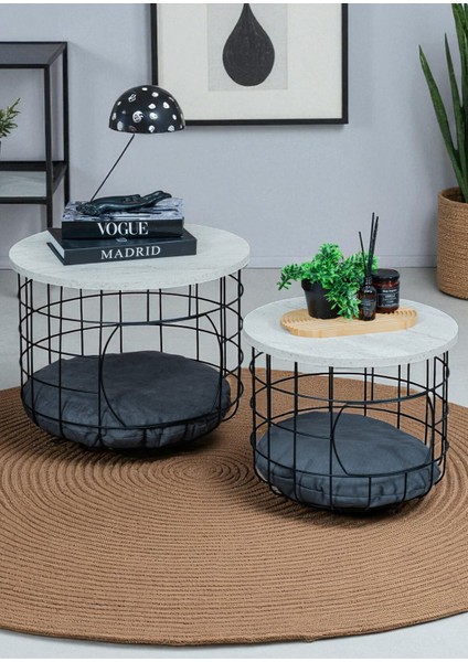 Dekoratif Beyaz Çok Amaçlı Kedi Yuvalı Yastıklı Metal Sepetli 2’li Orta Zigon Sehpa