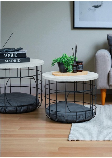 Dekoratif Beyaz Çok Amaçlı Kedi Yuvalı Yastıklı Metal Sepetli 2’li Orta Zigon Sehpa