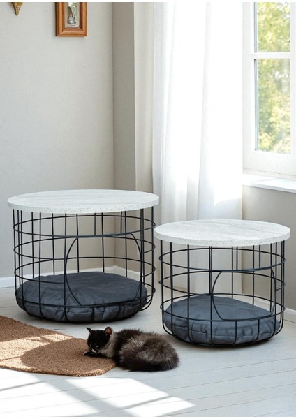 Dekoratif Beyaz Çok Amaçlı Kedi Yuvalı Yastıklı Metal Sepetli 2’li Orta Zigon Sehpa
