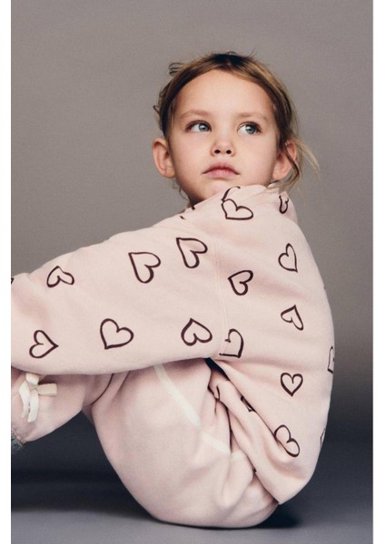 Kız Çocuk 3 Iplik Pamuklu Kumaş Kalp Baskılı Sweatshirt ve Fiyonk Detaylı Eşofman Altı Alt Üst Takım