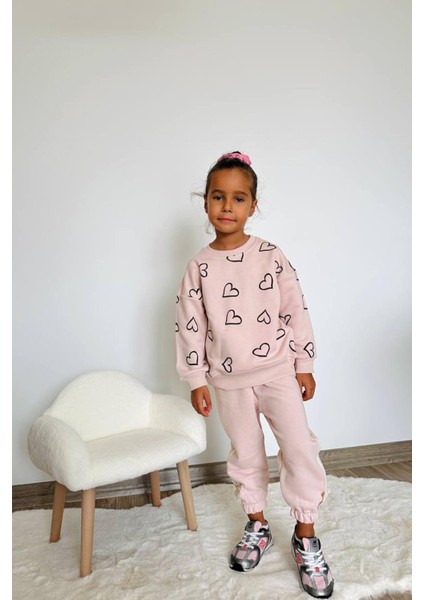 Kız Çocuk 3 Iplik Pamuklu Kumaş Kalp Baskılı Sweatshirt ve Fiyonk Detaylı Eşofman Altı Alt Üst Takım fiyatları