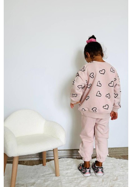 Kız Çocuk 3 Iplik Pamuklu Kumaş Kalp Baskılı Sweatshirt ve Fiyonk Detaylı Eşofman Altı Alt Üst Takım fırsatları