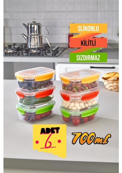 6 Adet Slikonlu Sızdırmaz Hava Almaz Kilitli Kapak Saklama Kabı Kahvaltılık Seti 700 ml