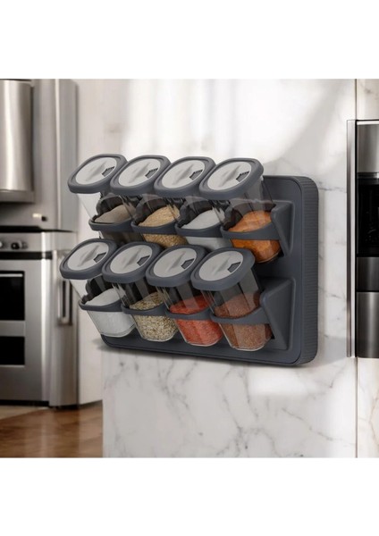 8’li Asmalı Kendinden Yapışkanlı Tezgah Üstü Stantlı Döner Kapaklı Baharatlık Seti Antrasit
