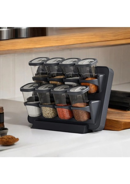 8’li Asmalı Kendinden Yapışkanlı Tezgah Üstü Stantlı Döner Kapaklı Baharatlık Seti Antrasit fiyatları