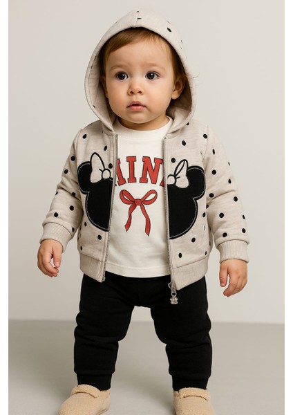 Kız Bebek Mini Desen Kapüşonlu Hırkalı 3'lü Takım