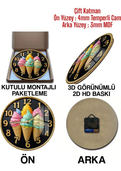 Dondurma Tasarımlı 3D Görünümlü Temperli Cam Saat – 33 cm CSDW241 fırsatları