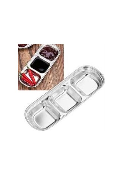 3 Bölmeli Gümüş Renk Paslanmaz Çelik Sosluk Reçellik Lokumluk Çerezlik