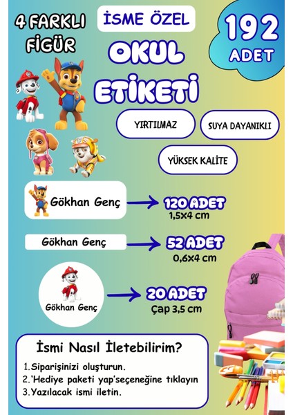 Isme Özel Okul Etiketi Kalem/defter/matara Etiketi Sticker Paw Patrol Temalı 192 Adet