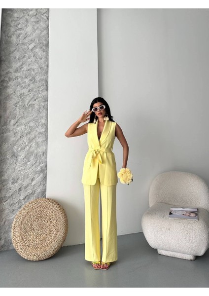 Kadın Ikili Alt Üst Takım Şık Kuşaklı Cep Detaylı Yelek Pantolon Takım