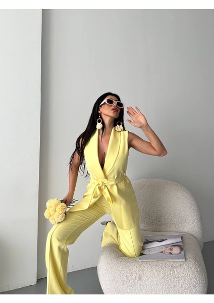 Kadın Ikili Alt Üst Takım Şık Kuşaklı Cep Detaylı Yelek Pantolon Takım fiyatları