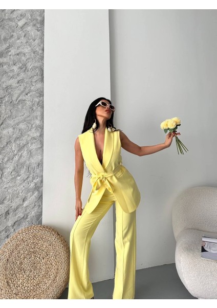 Kadın Ikili Alt Üst Takım Şık Kuşaklı Cep Detaylı Yelek Pantolon Takım modelleri