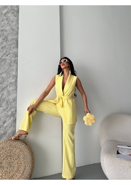 Kadın Ikili Alt Üst Takım Şık Kuşaklı Cep Detaylı Yelek Pantolon Takım fırsatları