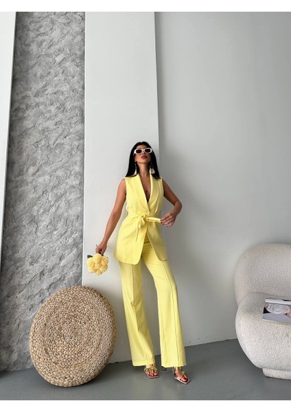 Kadın Ikili Alt Üst Takım Şık Kuşaklı Cep Detaylı Yelek Pantolon Takım indirimleri