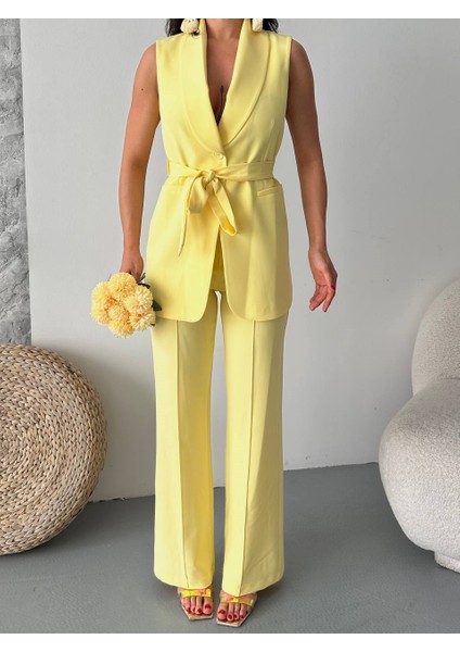 Kadın Ikili Alt Üst Takım Şık Kuşaklı Cep Detaylı Yelek Pantolon Takım