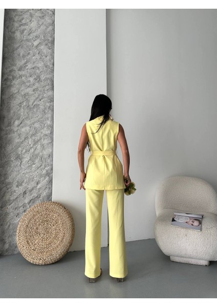 Kadın Ikili Alt Üst Takım Şık Kuşaklı Cep Detaylı Yelek Pantolon Takım