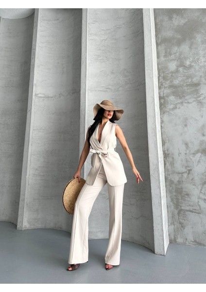 Kadın Ikili Alt Üst Takım Şık Kuşaklı Cep Detaylı Yelek Pantolon Takım