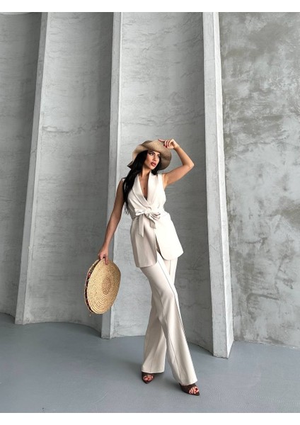 Kadın Ikili Alt Üst Takım Şık Kuşaklı Cep Detaylı Yelek Pantolon Takım fiyatları