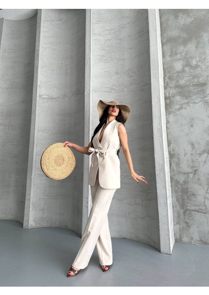 Kadın Ikili Alt Üst Takım Şık Kuşaklı Cep Detaylı Yelek Pantolon Takım modelleri