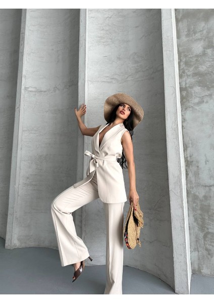 Kadın Ikili Alt Üst Takım Şık Kuşaklı Cep Detaylı Yelek Pantolon Takım indirimleri