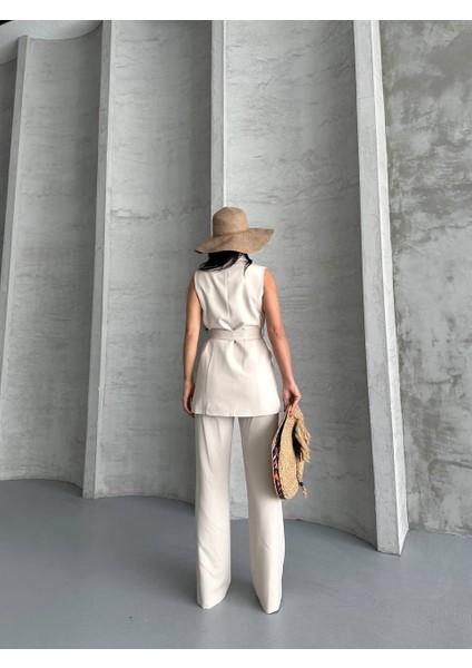 Kadın Ikili Alt Üst Takım Şık Kuşaklı Cep Detaylı Yelek Pantolon Takım