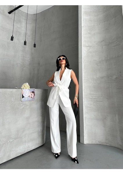 Kadın Ikili Alt Üst Takım Şık Kuşaklı Cep Detaylı Yelek Pantolon Takım