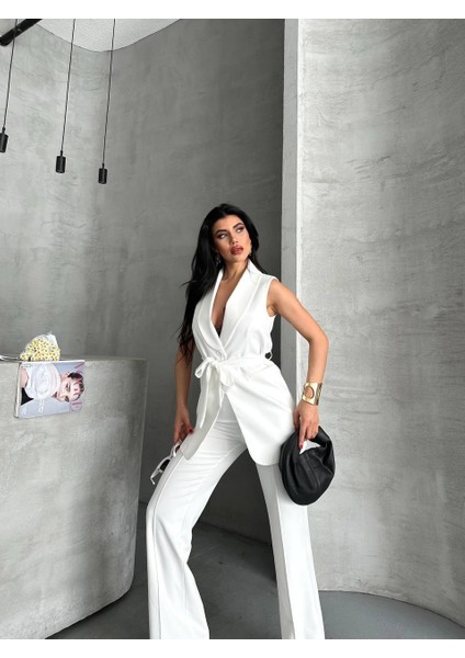 Kadın Ikili Alt Üst Takım Şık Kuşaklı Cep Detaylı Yelek Pantolon Takım fiyatları