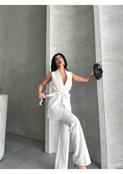 Kadın Ikili Alt Üst Takım Şık Kuşaklı Cep Detaylı Yelek Pantolon Takım modelleri