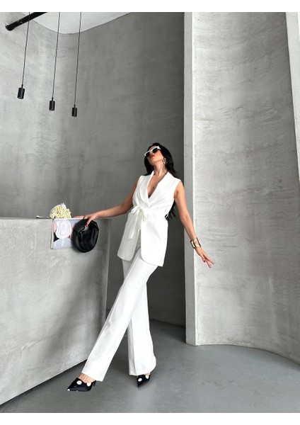 Kadın Ikili Alt Üst Takım Şık Kuşaklı Cep Detaylı Yelek Pantolon Takım indirimleri