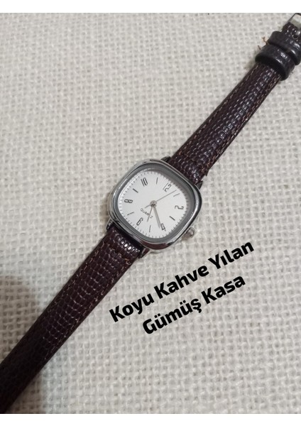 Vintage Model Kare-Oval Gümüş Kasa Retro Still - Koyu Kahve Kordon Kadın Kol Saati 0054