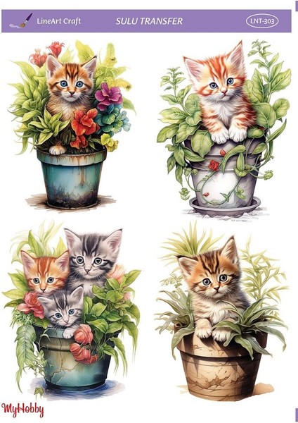 LNT-303 Saksı Içinde Sevimli Kediler 25 * 35 cm Sulu Transfer