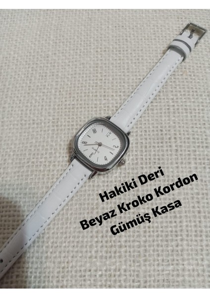 Vintage Model Kare-Oval Gümüş Kasa Retro Still - Beyaz Kordon Kadın Kol Saati 0054