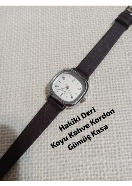 Vintage Model Kare-Oval Gümüş Kasa Retro Still - Koyu Kahve (Hakiki Deri) Kordon Kadın Kol Saati 0054