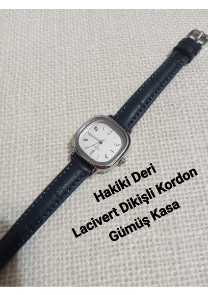 Vintage Model Kare-Oval Gümüş Kasa Retro Still - Lacivert (Hakiki Deri) Kordon Kadın Kol Saati 0054