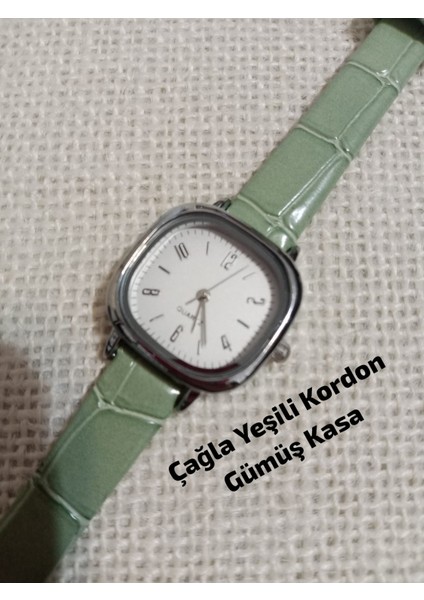 Vintage Model Kare-Oval Gümüş Kasa Retro Still - Çağla Yeşili Kordon Kadın Kol Saati 0054